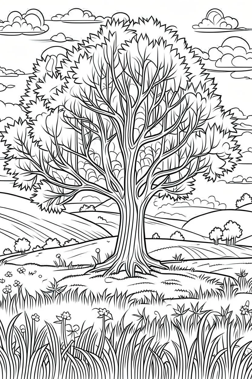 coloring page, tree in a meadow, cartoon style, thick lines, low detail, no shading