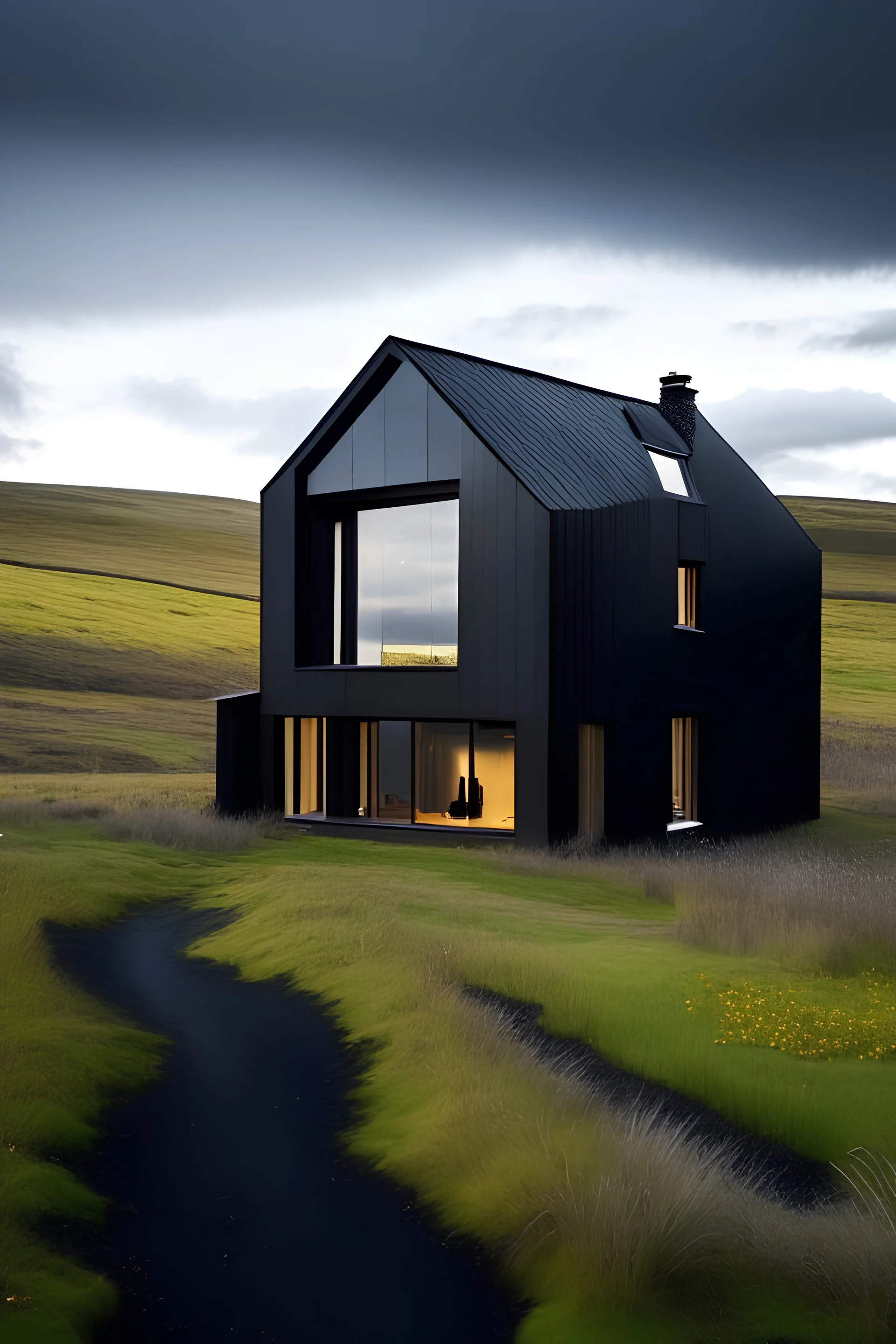 eco-friendly black modern one floor house in rural Scotland