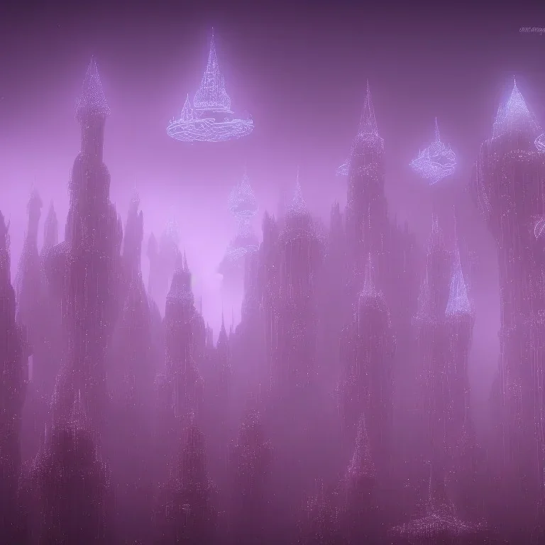 ALIENS FLOATING, MAGIC BUILDING, FOGGY NIGHT, GLOWING, PURPLE, TOWERS, 4K, 8K, CINEMATIC