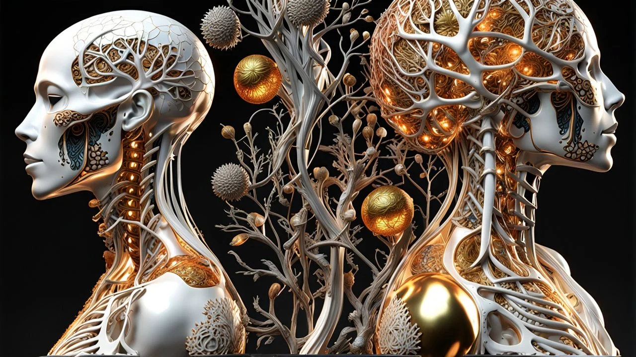 3D rendering of Expressively detailed and intricate of a hyperrealistic “human anatomy”: side view, scientific, single object, glossy white, shinning gold, vines, tribalism, black background, shamanism, cosmic fractals, octane render, 8k post-production, detailled metalic bones, dendritic, artstation: award-winning: professional portrait: atmospheric: commanding: fantastical: clarity: 16k: ultra quality: striking: brilliance: stunning colors: amazing depth