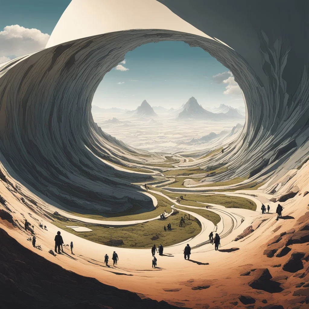 a warped world with half-formed people wandering around a deformed landscape