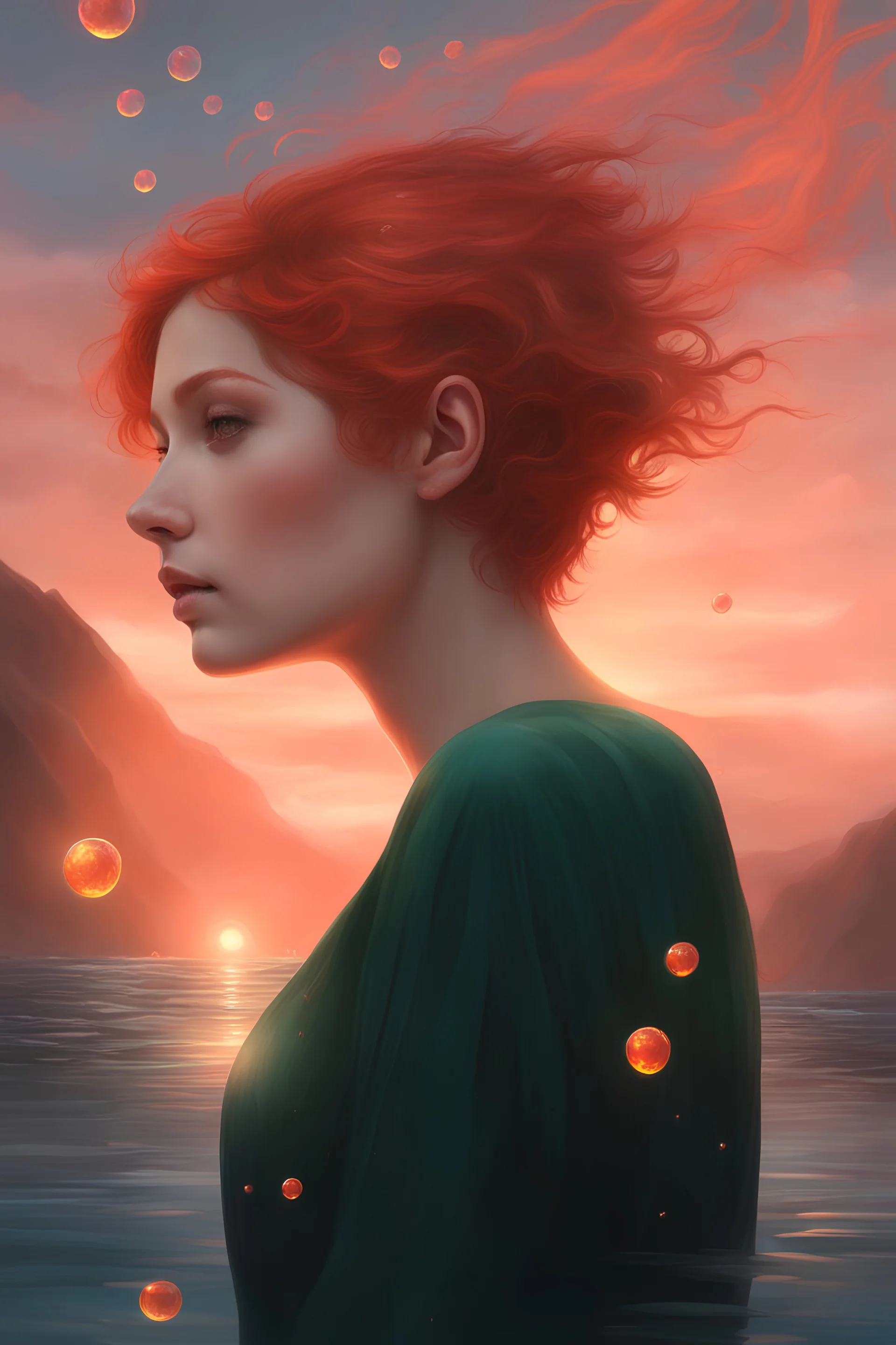 3D Bubbles, Floating hearts with an electrical current, fog, clouds, somber, ghostly mountain peaks, a flowing river of volcanic Lava, fireflies, a facial portrait of a totally gorgeous woman with short, buzz-cut, pixie-cut red hair tapered on the sides, wide open, green eyes, floating on her back in the water, watching the sunset.