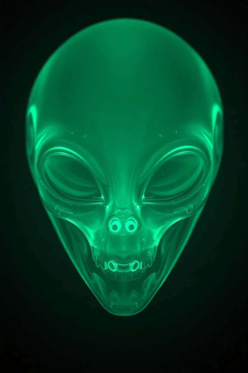 A transparent, hollow, glowing, an alien, cinematic photo , 8k, high resolution for a big head in dark green