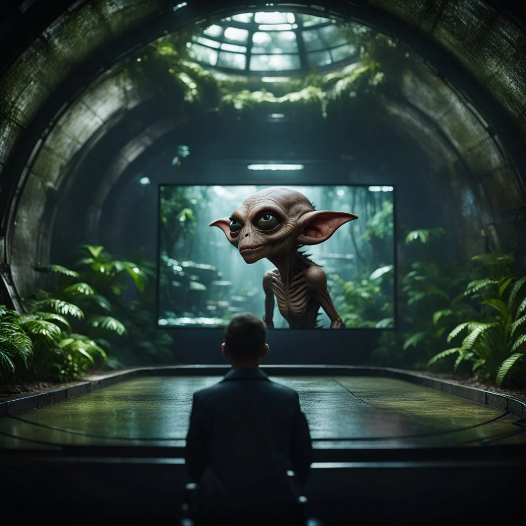 a lecture on a video screen of alien gremlin anatomy held by a scientist in dark lit reflective wet jungle metallic hall dome hotel tunnel, in the style of a fallout 4,bokeh like f/0.8, tilt-shift lens 8k, high detail, smooth render, down-light, unreal engine, prize winning