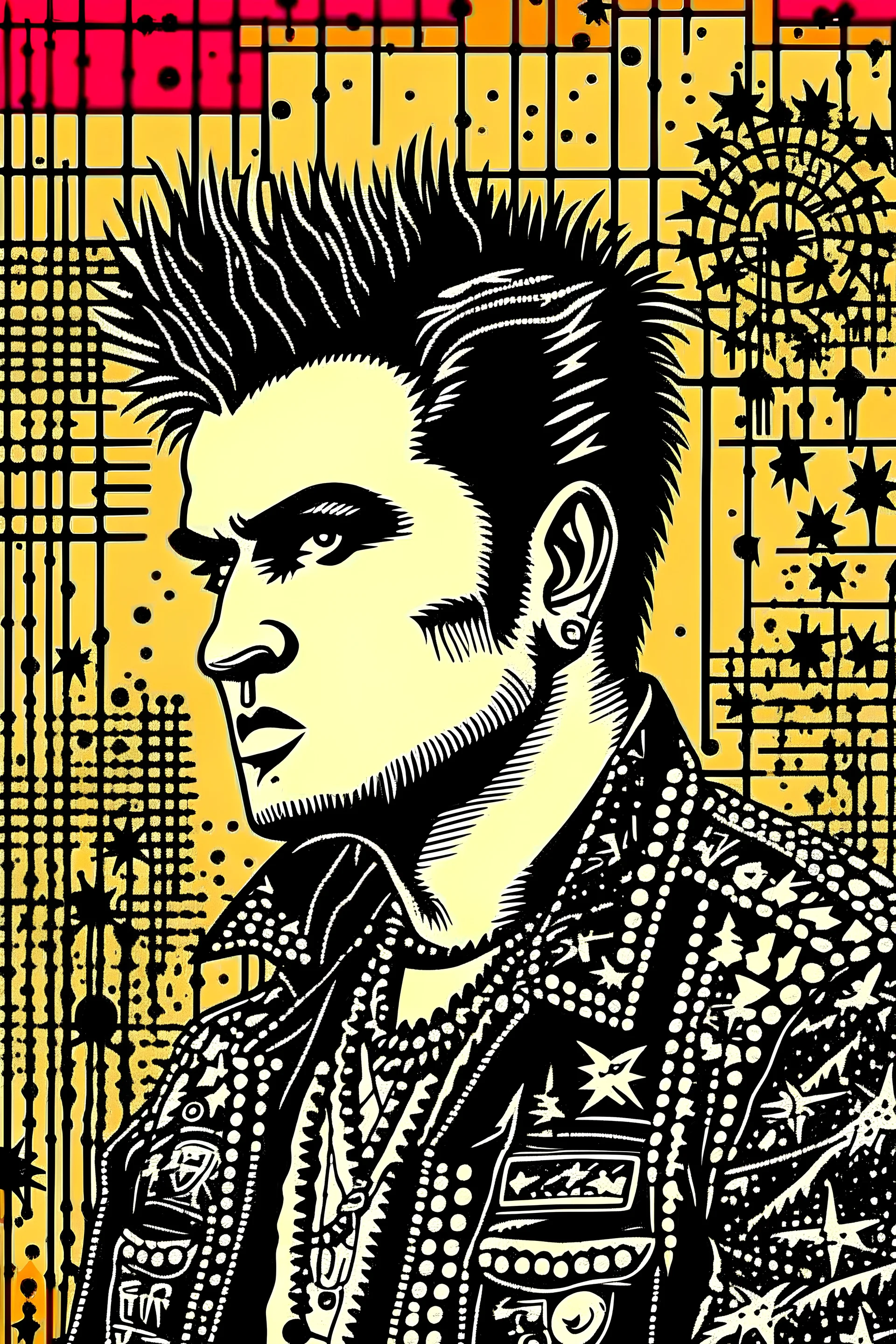 create a vector poster with an image of a punk Elvis Presley and a detailed background