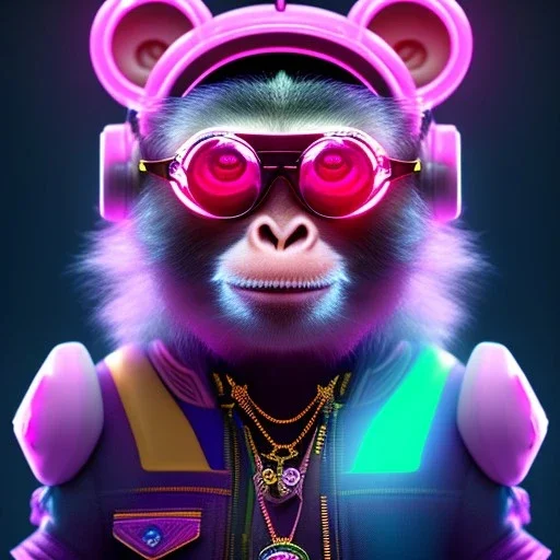 pixar style anamorphic cute cyberpunk monkey baby, smiling,gangsta gold neckless, full body, magenta puffer jacket, manila city backdrop, dramatic lighting, hyper realistic, unreal engine 5, 16k