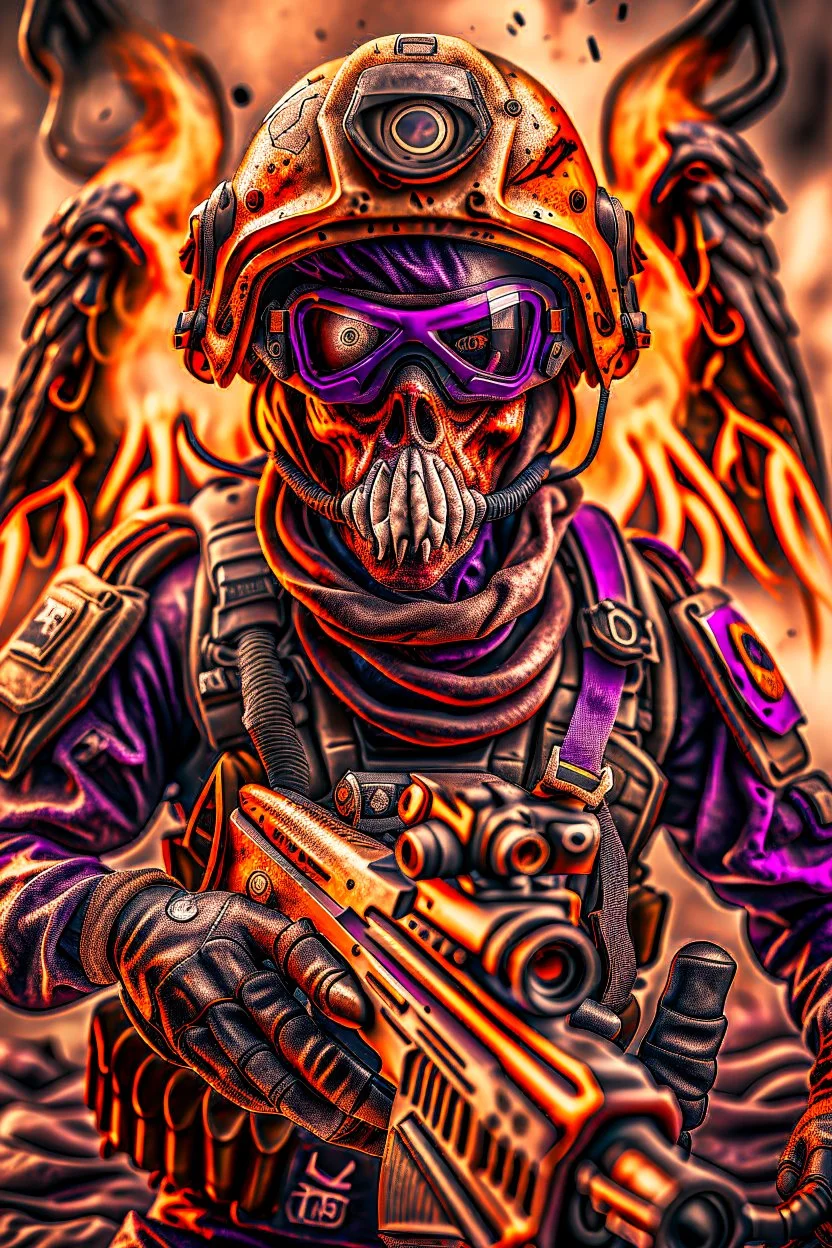 an epic 12k,ultra high definition , digital photo of a scary looking alien, purple colored alien, angy and rising from the ashes, a war veteran, army beret , captain rank, ripped and torn ammo clothing, chaotic fiery and dust background, dramatic close-up action shot of him behind the machine hand gun on the burned out war tanker,gothic and sinister