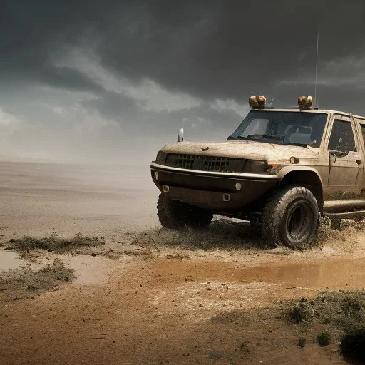 stylized hyperrealistic shot, muddy military pickup truck, guns mounted, monotone color palette, sharp focus, puddle reflection, tire water splash, refraction, mist on the horizon, shadowcast, god rays, detailed and intricate, cinematic composition, micro, tilt shift photography