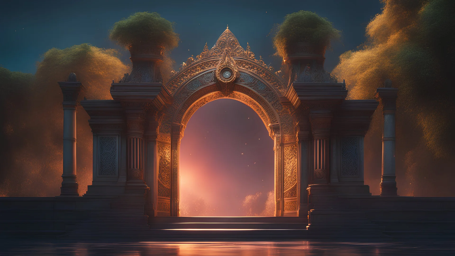 an ancient magical gate to another world. cinematic lighting, hyper realisme, Hyperrealistic, splash art, concept art, mid shot, intricately detailed, color depth, dramatic, 2/3 face angle, side light, colorful background