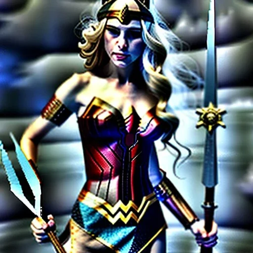 Epic full body picture portrait of busty atletic young beautiful Wonderwoman with Sword and Shield Luis Royo styles