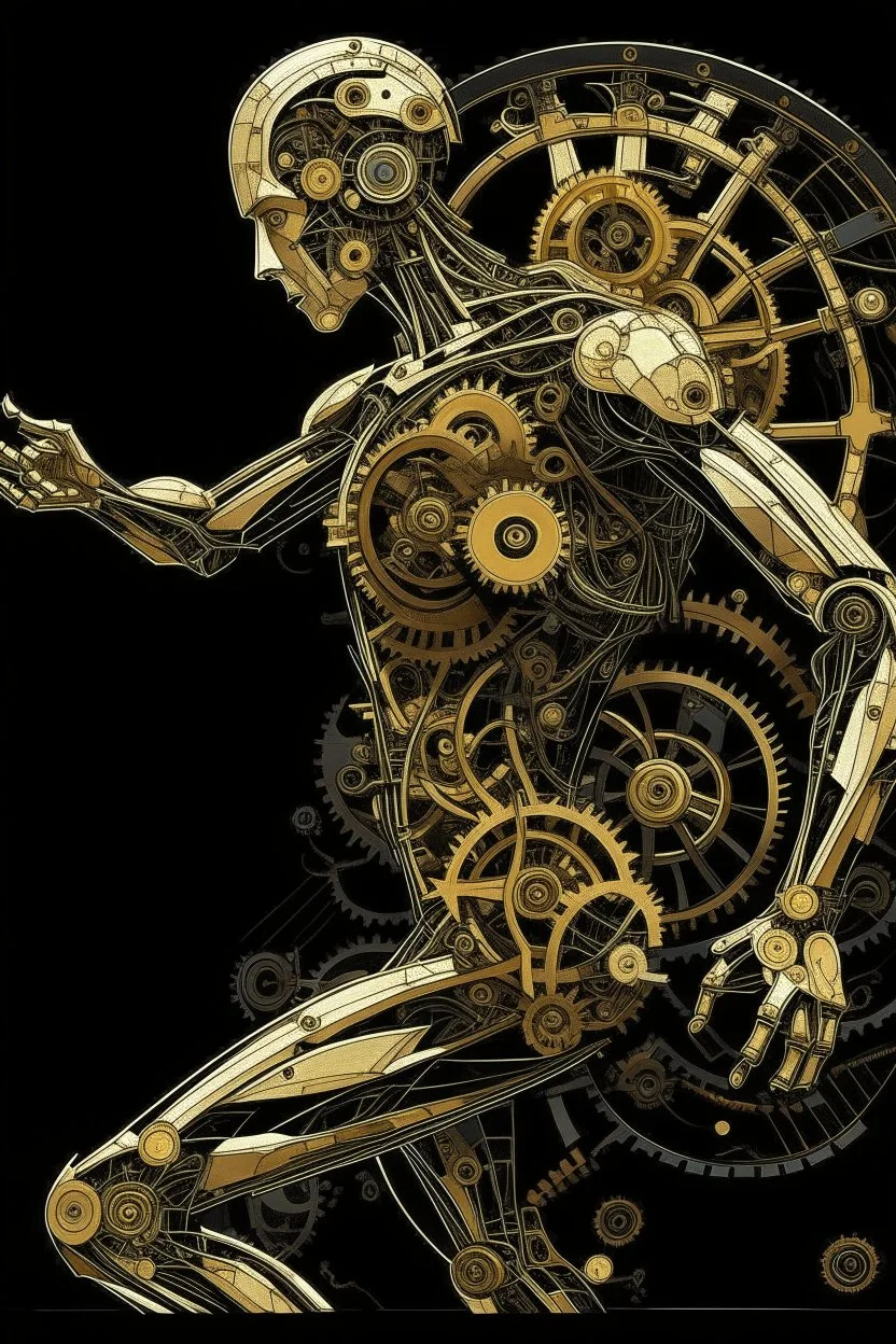 mechanical man punk cypher dancing detailed cogs and screws leonardo da vinci style detail STYLE OF Hiroshi Nagai