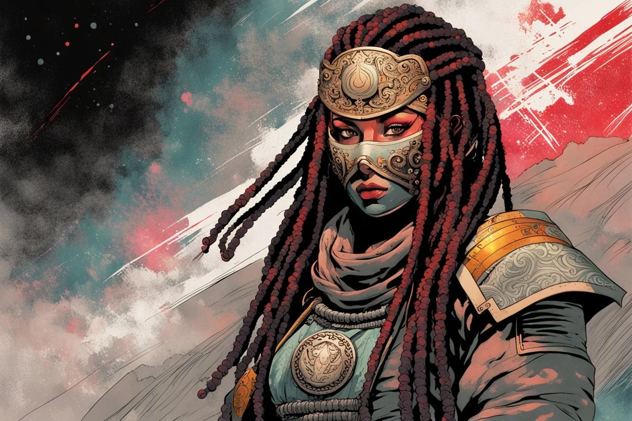 front facing full length portrait illustration of a grunge armored female , beaded dreadlock hair, cyberpunk vampire mercenary wearing an ornate kitsune noh mask , and shemagh, highly detailed with gritty post apocalyptic textures, caught in a cosmic maelstrom of swirling gases , finely detailed facial features and hair, in the graphic novel style of Bill Sienkiewicz, and Jean Giraud Moebius, ink wash and watercolor with realistic light and shadow