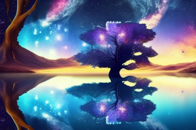 tree, water reflection, galaxy, cosmos, science fiction