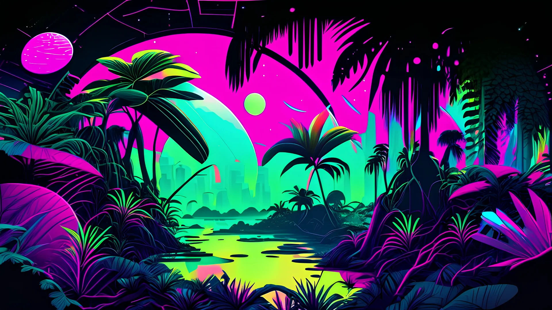 CYCEDELIC exoplanet dreamscape paradise oasis in Lush&vibrant crayon kitz SECRET SYNTHWAVE JUNGLECORE rainforest NFT vector image