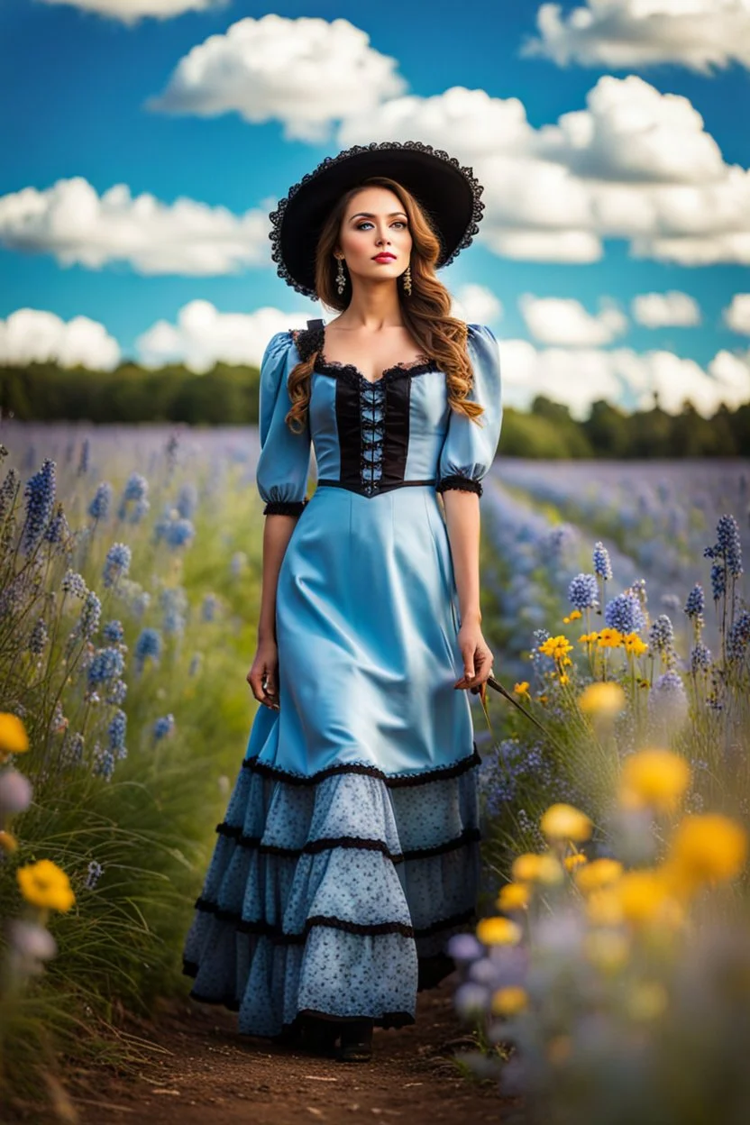 fullbody girl makeup wearing a victorian dress walking in country side ,flowers ,pretty clouds in blue sky