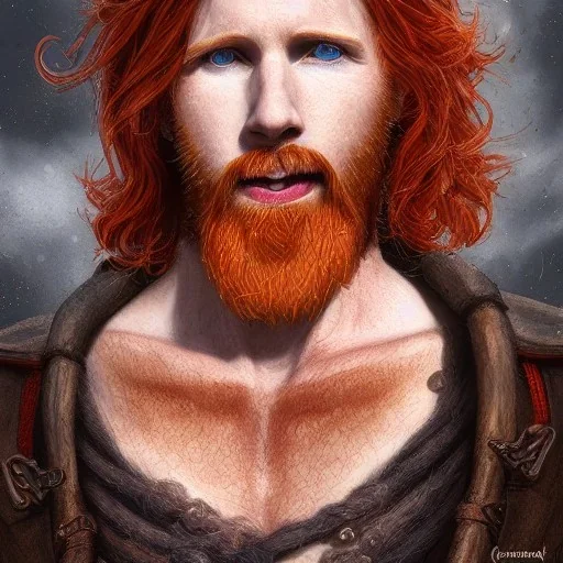 Portrait of Courtney Gains as a ruggedly handsome but joyful roguish pirate, charismatic, attractive male, masculine, perfect, precisely detailed, lightly freckled face, meticulously detailed multi-hued ginger carrot colored cherry fire red hair; Malachai of the corn; fantasy, intricate, elegant, highly detailed, digital painting, artstation, concept art, matte, sharp focus, illustration, art by artgerm and greg rutkowski and alphonse mucha