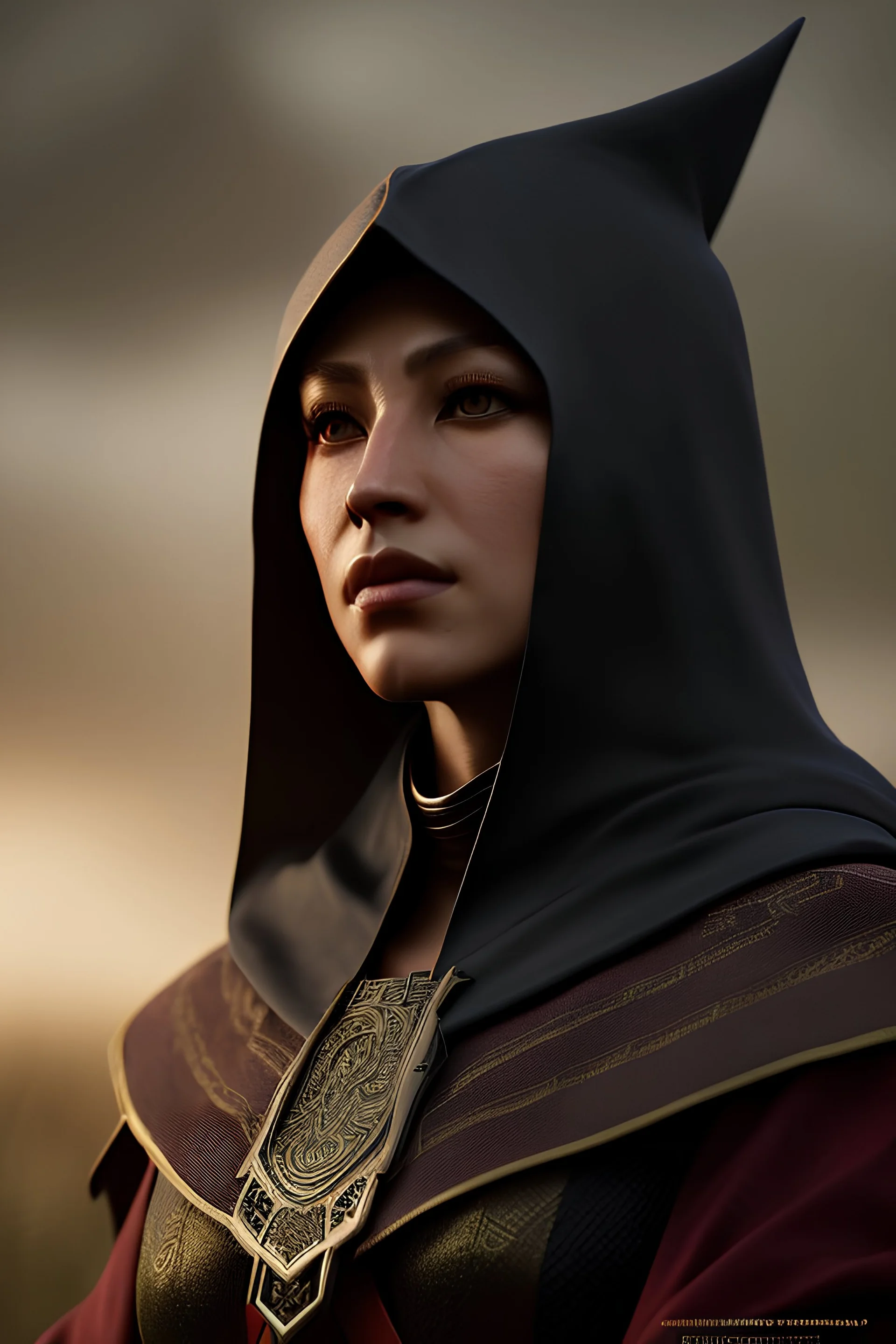 Portrait, Kenku female, ranger dnd character, Caucasian, black cloak over head, black, 4k resolution, intricate details, ornate details, soft lighting, vibrant colors, retroanime, masterpiece, natural background, realistic