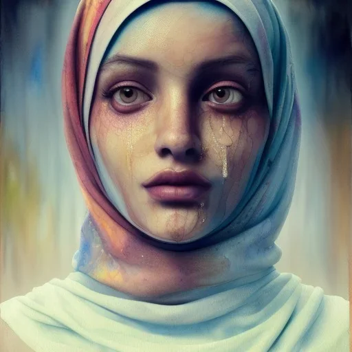 dripping,watercolor painting as woman's face, wearing hijab, fine detail, highly intricate, modern surrealism painting, fog, high-quality, volumetric lighting, 8k, ultrahd, George Grie, Marco Escobedo, Igor Morski,Brian Froud, Howard Lyon, Selina French,