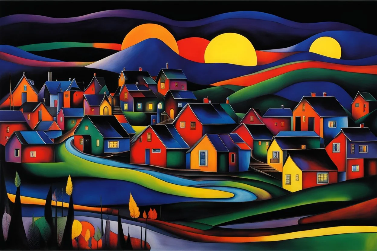 deep colors village dark surreal mood, mystic, nightly lights, shadows, by Hundertwasser, Joan Miro, Sorayama Hajime and Kandinsky, intricate details, beautifull shot, perfect composition, dark fantasy, sinister, surreal cinematic