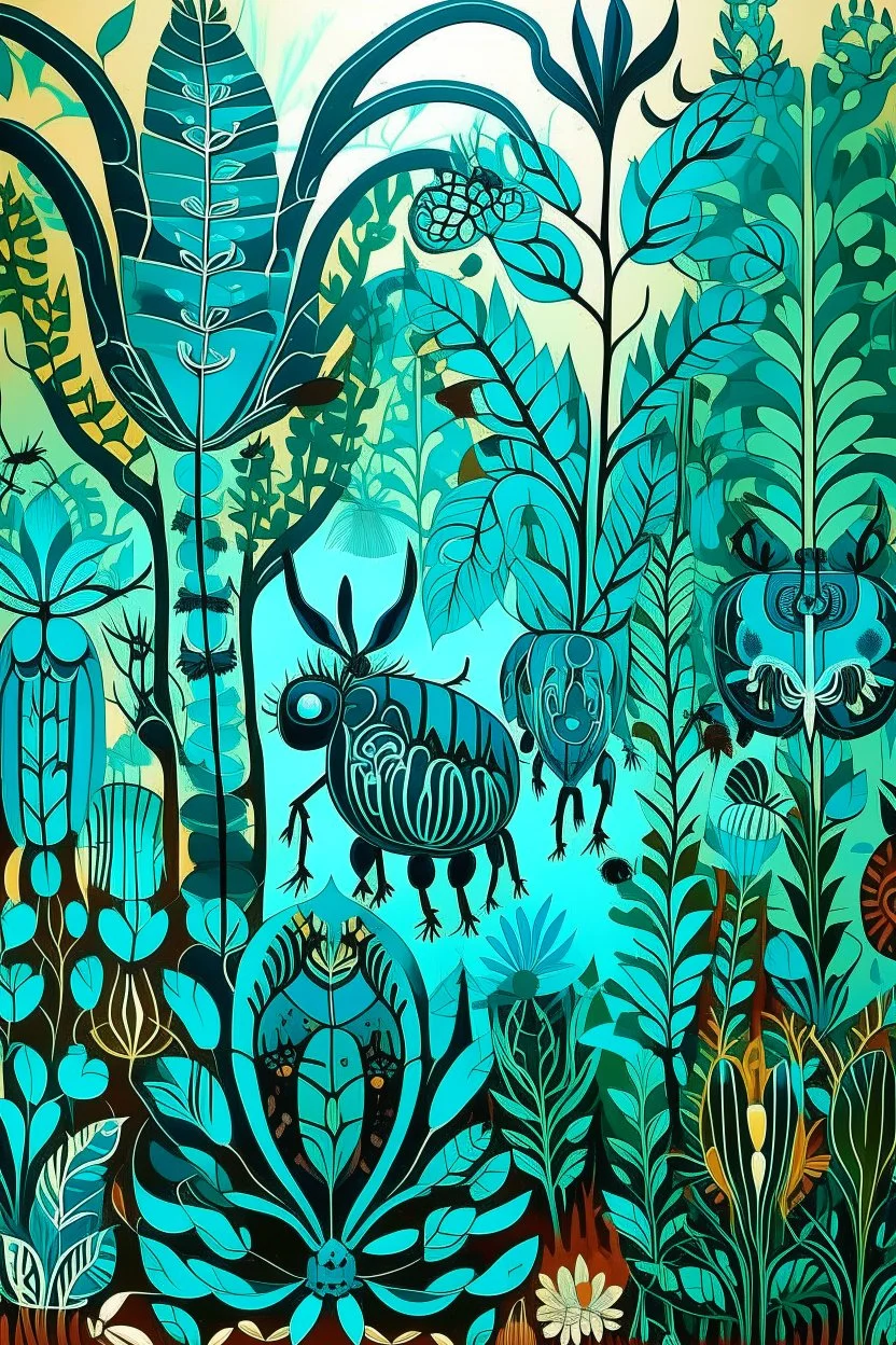 A cyan forest with noisy beetles designed in Oaxacan alebrijes painted by Andy Warhol