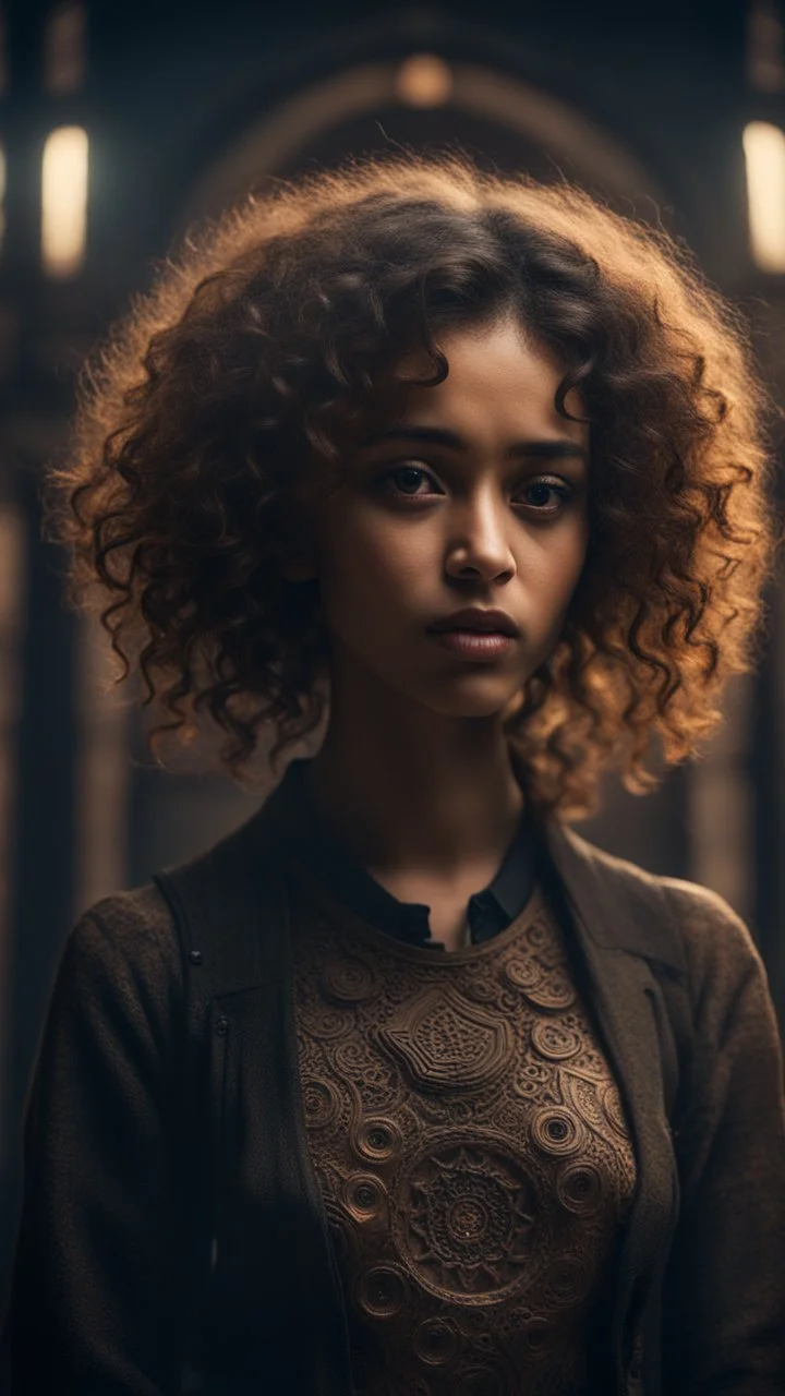 Shi Fi, a beautiful young curly hair brown girl , in the church , atmospheric lighting effects, intricate industrial details, moody atmosphere, eerie grimdark ambiance, complex motherboard accents, speculative fiction art. Bokeh