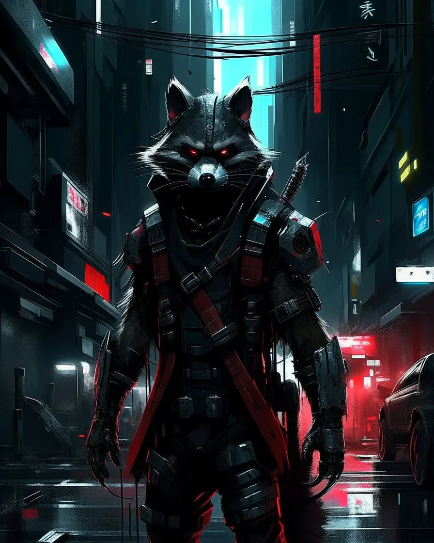 a cyberpunk racoon standing in a city street, black armour, with red highlights, grey cyberpunk city background