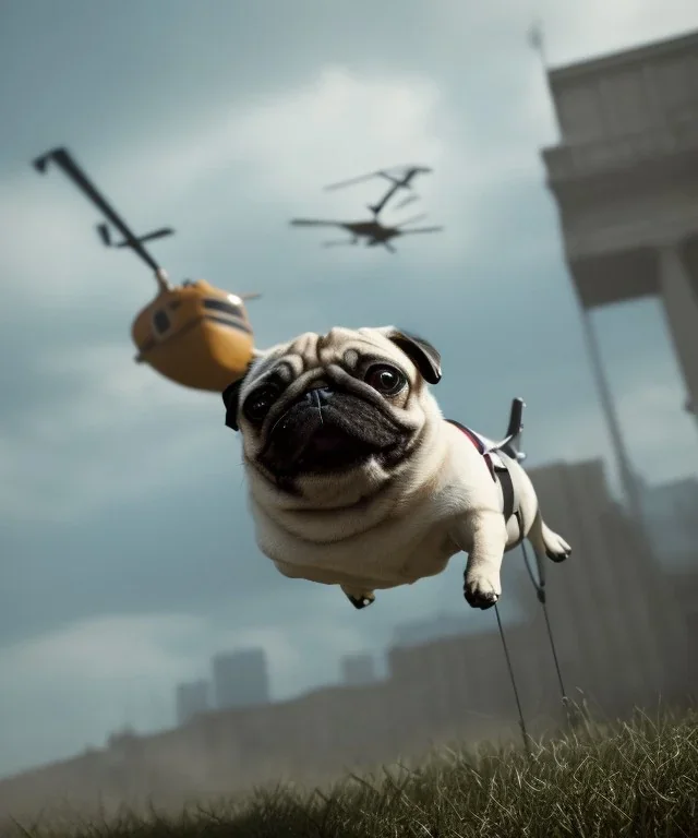 pug dog flying an helicopter