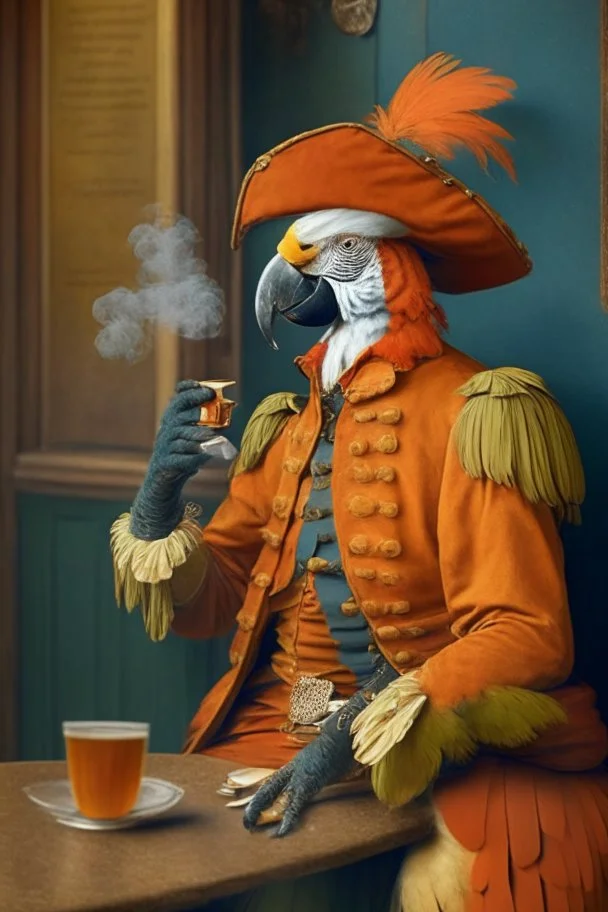 Half parrot half human in a 1700s Orange Dutch uniform smoking a cigarette in a Dutch cafe