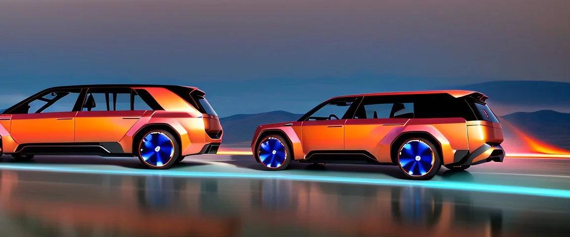 award winning car and driver photograph of a futuristic station wagon designed by only one vehicle per image painted metallic orange traveling at a high rate of speed, jet intake off of front center of vehicle and jet exhaust out the rear with bright blue flame, bilaterally symetrical, more a high speed road vehicle