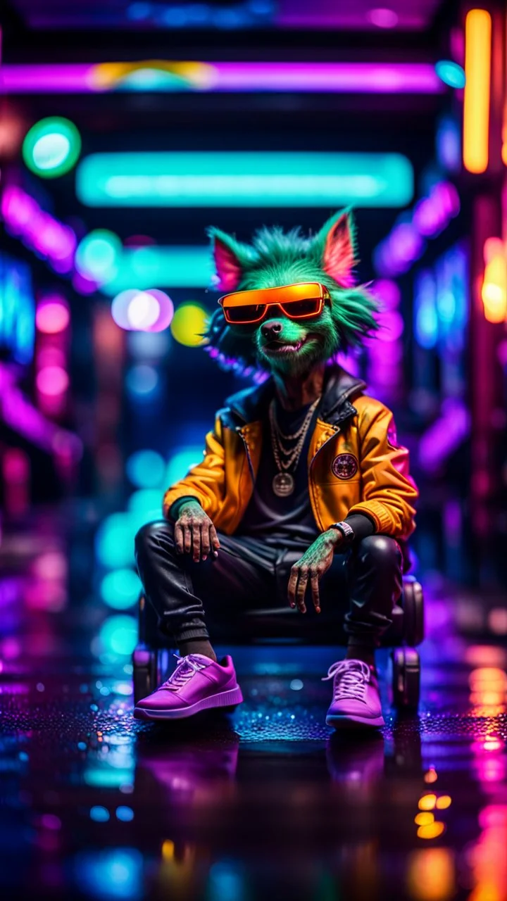 tap dancer, portrait of slick lord water wolf Gremlin myth buster pimp ninja cyber punk sitting on a hipster car parked in dark neon lit reflective wet arcade hall tunnel,bokeh like f/0.8, tilt-shift lens 8k, high detail, smooth render, down-light, unreal engine, prize winning