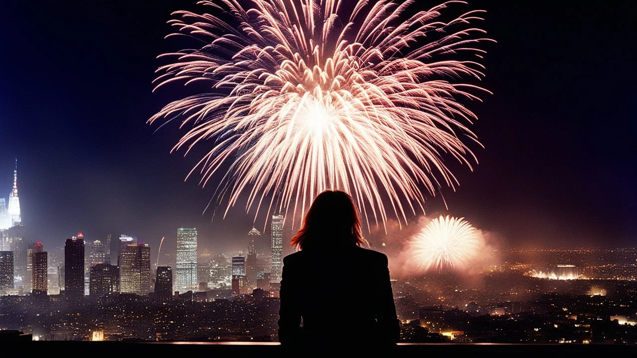 [Strange Days (1995)] from the rooftop of a towering skyscraper: The new year dawns in the city, the neon lights of downtown Los Angeles flickering and flashing in celebration: fireworks! The year is a dystopian 2000, a new millennium, but the streets are still the same - dark, dangerous, and pulsing with energy. As the clock strikes midnight, fireworks explode in the sky, casting a colorful glow over the cityscape. The city is alive, vibrant, a living, breathing entity of its own.