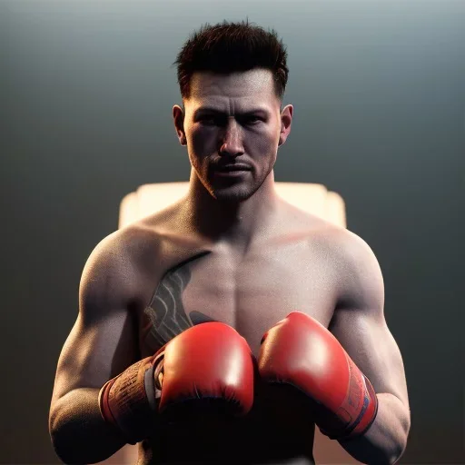 Cyberpunk Man boxing in the ring unreal 5, octane render,cinema4d, dynamic lighting, 8k, redshift render, highly, hyperrealism ultra detailed, hyper realistic.