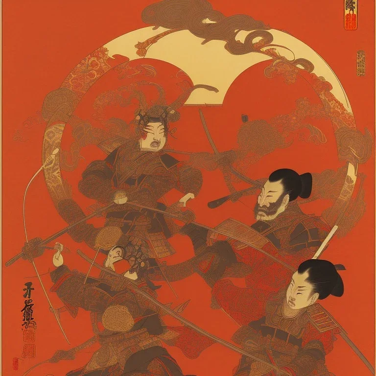 Single human Samurai Japanese Ukiyo-e, red sun in the background