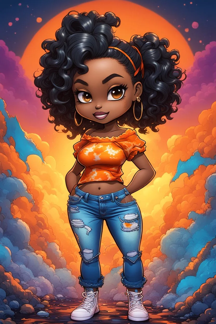 vibrant psychedelic comic book image, airbrush, 8k, cartoon art of a chibi curvy black female wearing torn jeans pants and a orange tie dye off the shoulder blouse. Prominent make up with lush lashes. Highly detailed sleek wavy ponytail