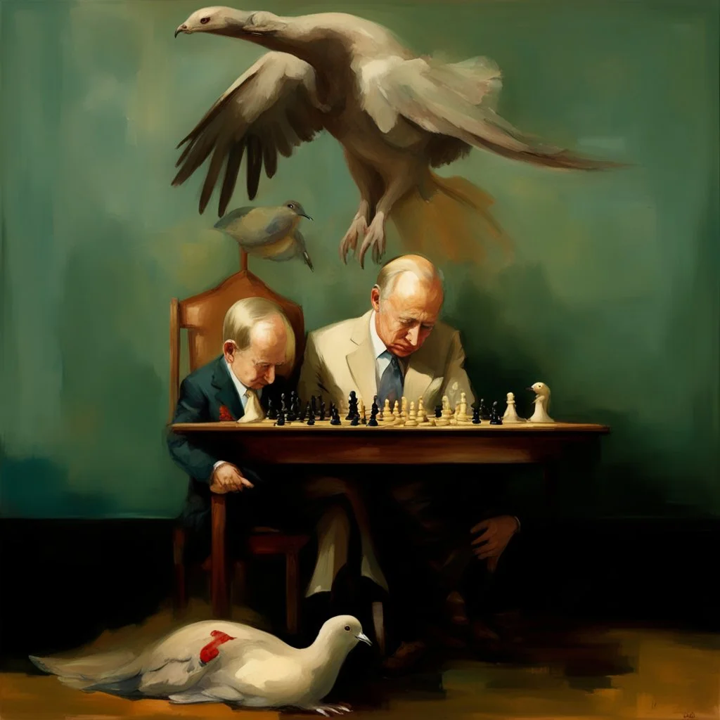 Putin, President Xi Of China And Joe Biden Play Chess With A Pigeon,Ufo And Atomic Bomb Mushroom Cloud,Complex Surgical Instruments Intermixed With A Newborn Boy,Minimalism,Painting By Adrian Ghenie,Rene Magritte,Pablo Picasso,Michelangelo,Salvador Dali,Lucian Freud