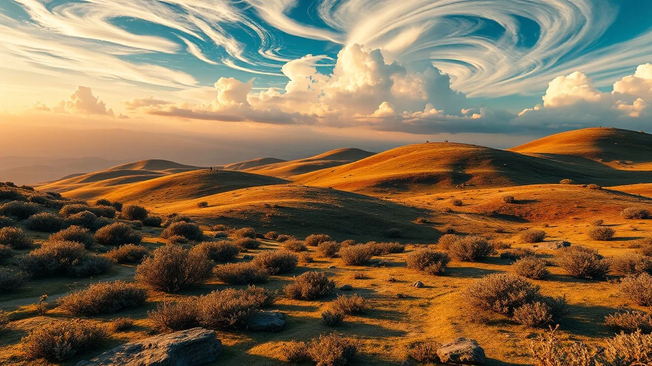 Surreal Landscape with Textures: Picture a textured terrain of rolling hills, where the ground is a patchwork of smooth, glossy patches interspersed with coarse, rough alien brambles. The meadows sway gently like waves in the ocean, and the sky is a breathtaking blend of electric blue and molten gold, with clouds that resemble swirling galaxies.