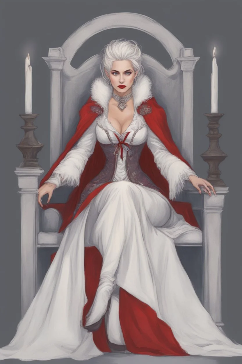 Beautiful white haired Vampire queen on her throne, drawing. Wearing a red cloak with a fur collar. Portrait, waist up