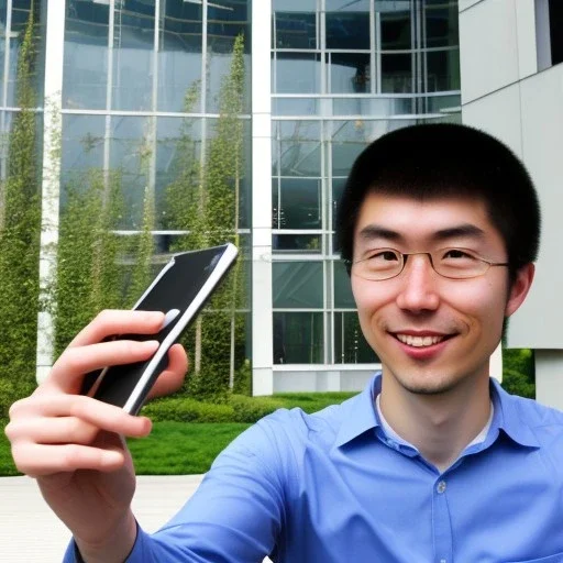 A short haired, Japanese Male software engineer from MIT taking a selfie in front of Building 92 at Microsoft in Redmond, Washington