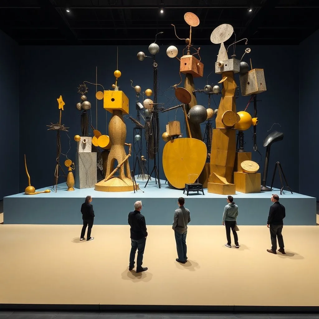 Fotografia di una installazione, superficie piatta di colore azzurro chiaro e giallo pastello, su cui si ergono enormi surreali strutture di forma astratta e surreale, di metallo, di colori vari, forti contrasti. Buio. Joan Miró odd style. Strong 3d deep field. Oscurità, paranoic, obsessive, homologic, phobic, nightmare, notte, glossy, hasselblad h6d400c --ar 85:128 --v 6. Persone guardano