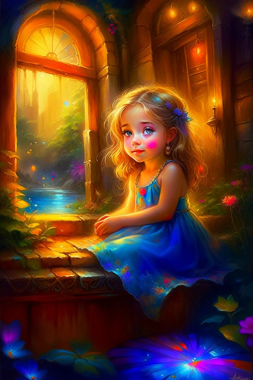 Masterpiece, best quality, digital painting style, adorable digital painting, beautiful fantasy art, colorful. In a dress spun from dreams and pure delight, A pretty little girl with hair so bright, Her big blue eyes, a window to her soul, In a fairy fountain's shimmering aureole. Beneath a big alder with colors so bold, Mosses whisper secrets, stories untold, In this magical world, vibrant and alive, She finds wonder in each vivid hue, jive.