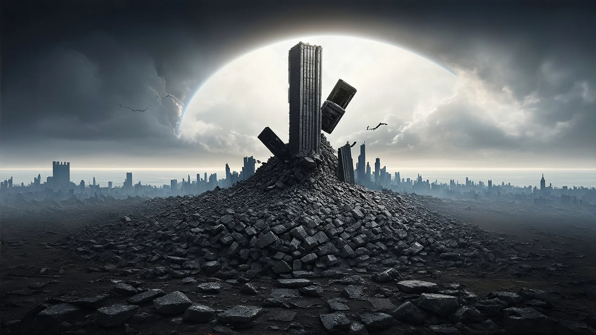 The Collapse of a City "A city being lifted high into the sky by Gabriel, then flipped upside down as the earth below is in turmoil. The stones of punishment are beginning to fall, with the sky darkened by the impending disaster."