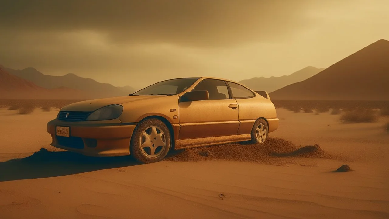 Capture a stunning and realistic photograph featuring a 1998 Honda Civic in a post-apocalyptic desert setting enveloped by a sandstorm. Employ a post-apocalyptic photography style to authentically depict the rugged and desolate atmosphere. Ensure the scene vividly evokes the essence of a transformed world, with the weathered Honda Civic standing resilient amid the harsh conditions of the desert and swirling sandstorm.