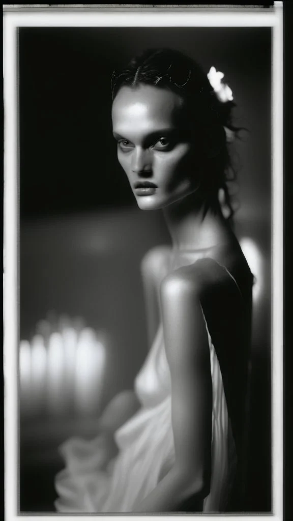 Create a visually captivating composition that merges the ethereal and dreamlike quality of Paolo Roversi's photography with the timeless elegance and sophistication portrayed in Patrick Demarchelier's work. Envision a subject, bathed in soft, diffused lighting reminiscent of Roversi's signature style, exuding an aura of mystique and vulnerability. The composition should embrace Roversi's preference for capturing the essence of the human form in a poetic and delicate manner. Emulate Demarcheli