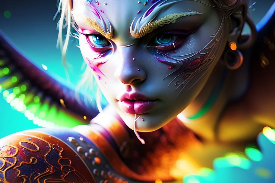 Hyperrealistic, splash art, concept art, mid shot, intricately detailed, color depth, dramatic, 2/3 face angle, side light, colorful background