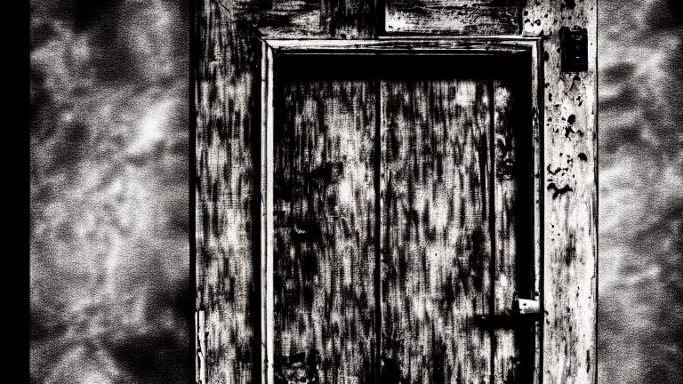 unhinged door, anime, monochrome, black background, ink, simple, maximum quality, broken hinge, barely functioning, why is it still being used it's a health hazard