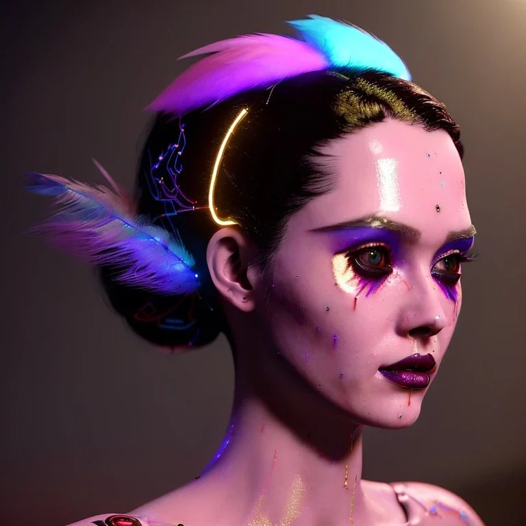 pretty cyber woman, latex, cables, purpurin, blood, black, hologram glasses, gold, piercings, brown, decorative color feathers, simétrico, circuits, neon style, a lot of led lights, fog, rain, vibrant color, highly detailed, art stations, concept art, smooth, unreal engine 5, god rays, ray tracing, RTX, lumen lighting, ultra detail, volumetric lighting, 3d, finely drawn, high definition, high resolution.