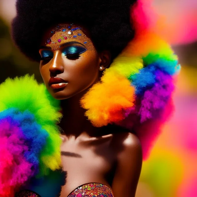 masterpiece, best quality, woman, dark skinned, sparkling eyes, fluorescent skin, colorful makeup, afro, highly detailed body, sun light, 4K, RAW, depth of field, high contrast, realistic details, 24mm