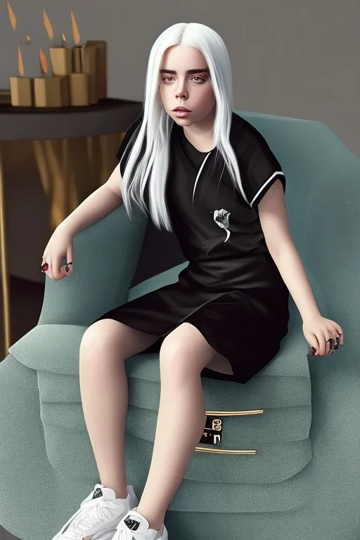 Billie Eilish, sitting on a chair, Black Short Dress, high detail, realistic