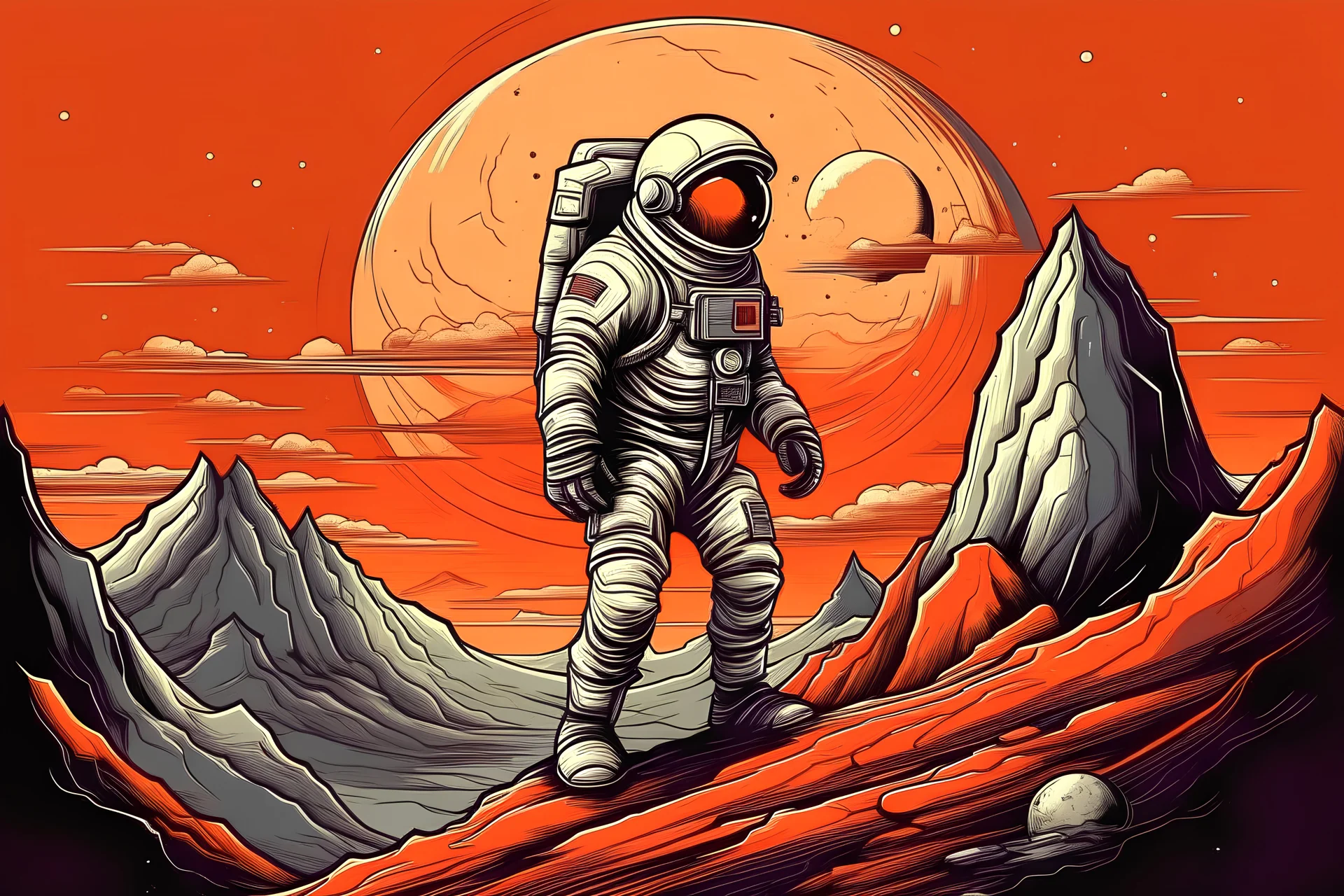 crear una imagen de astronauta temerario que esta explorando un planeta deshabitado con montañas
