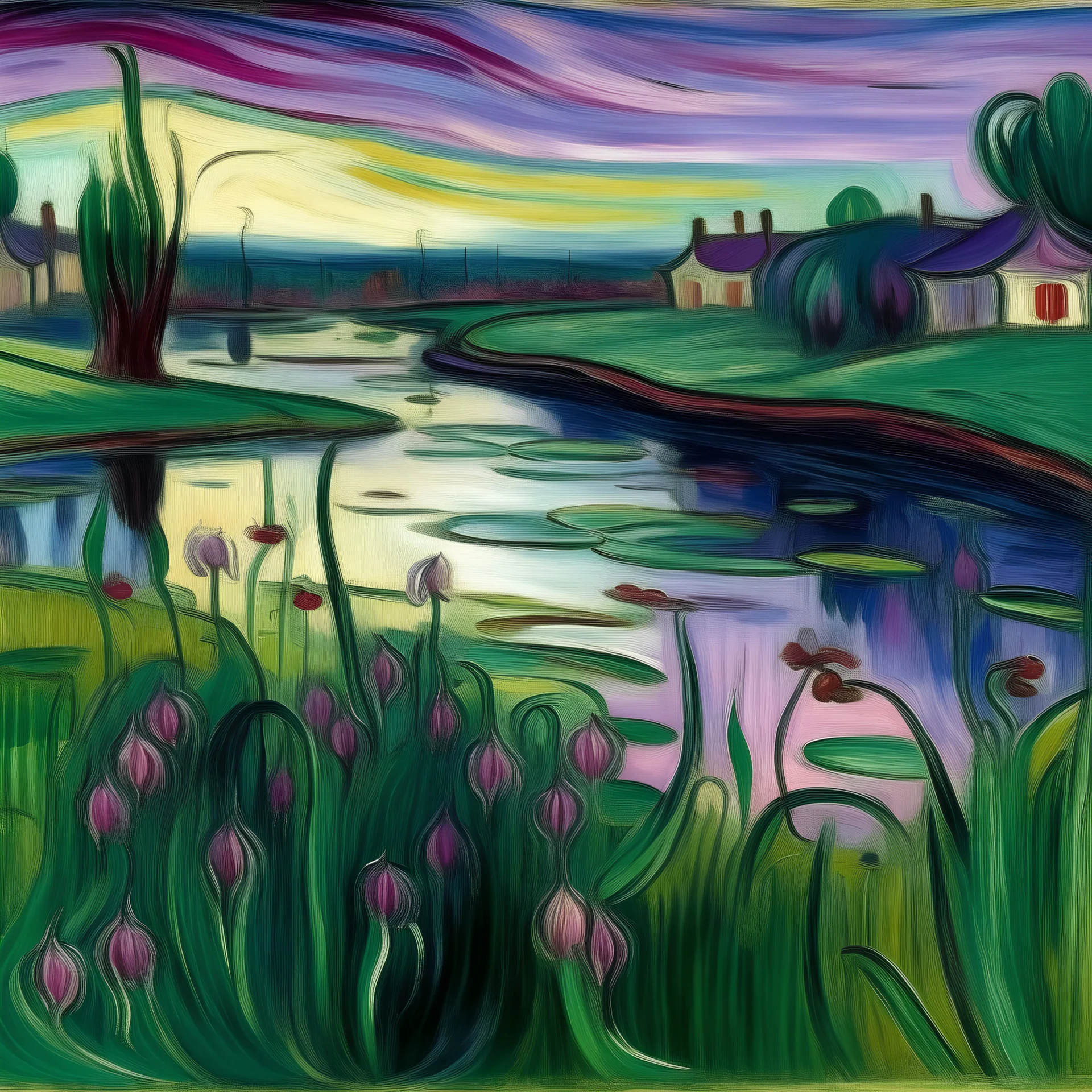 A swamp with purple lilies near a small town painted by Edvard Munch